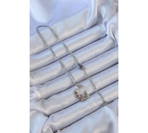 316L Çelik Zincir Gümüş Renk Kırmızı Gül Detay Kedi Figür Zirkon Taşlı Ay Kolye