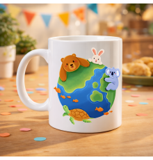 Dostluk Dünyası Desenli Porselen Kupa MODEL 74 – Sevimli Hayvanlar Temalı, Renkli ve Neşeli Tasarım