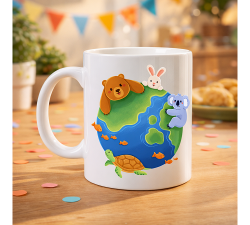 Dostluk Dünyası Desenli Porselen Kupa MODEL 74 – Sevimli Hayvanlar Temalı, Renkli ve Neşeli Tasarım