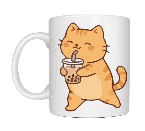 Sevimli Kedi Bubble Tea Tasarımlı Porselen Kupa MODEL 192 – Boba Çayı İçen Kedi Kahve Kupası – Kedi Severlere Hediyelik Kupa Bardak