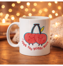 I Love You Berry Much Tasarımlı Kupa Model 12 Sevimli Kiraz Desenli Porselen Kahve Kupası - Hediye Fincanı