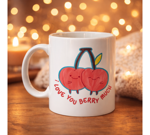 I Love You Berry Much Tasarımlı Kupa Model 12 Sevimli Kiraz Desenli Porselen Kahve Kupası - Hediye Fincanı