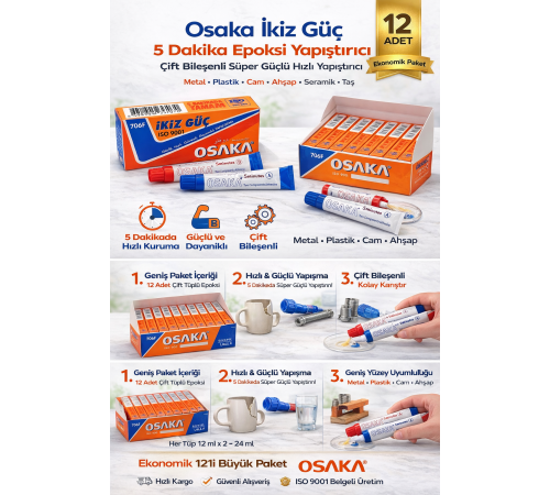 Osaka İkiz Güç 5 Dakika Epoksi Yapıştırıcı Çift Bileşenli Güçlü Hızlı Yapıştırıcı 12Adet