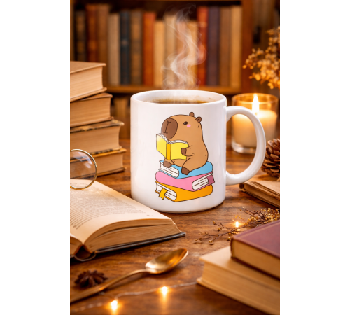 Kitap Okuyan Kapibara Tasarımlı Porselen Kupa MODEL 100 – Kahve & Çay Keyfi İçin Sıcacık ve Sevimli Tasarım CAPYBARA