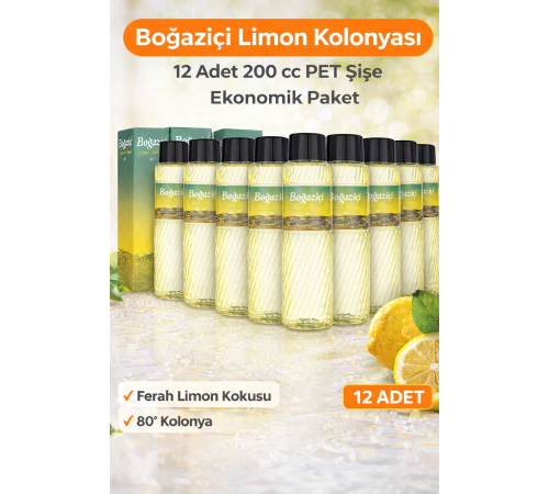 Boğaziçi Limon Kolonyası 200 cc PET Şişe 12 Adet 80° Limon Kokulu Kolonya Ekonomik Çoklu Paket