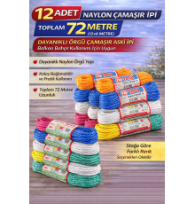 12 Adet Naylon Çamaşır İpi 6 Metre Dayanıklı Örgü Çamaşır Askı İpi Toplam 72 Metre