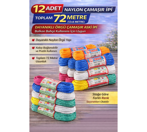 12 Adet Naylon Çamaşır İpi 6 Metre Dayanıklı Örgü Çamaşır Askı İpi Toplam 72 Metre