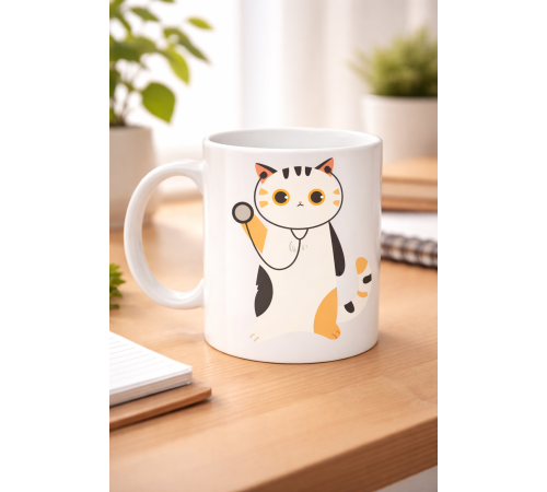 Veteriner Kedi Tasarımlı Porselen Kupa MODEL 177 – Stetoskoplu Sevimli Kedi Kahve Kupası – Veterinerlere ve Kedi Severlere Hediye