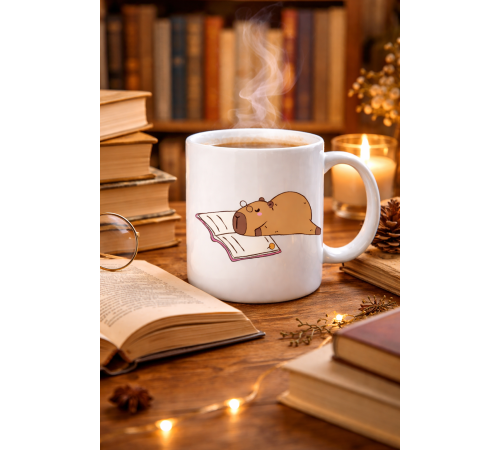 Kitap Okuyan Kapibara Tasarımlı Porselen Kupa MODEL 99 – Sıcacık Kahve Keyfi İçin Sevimli Tasarım