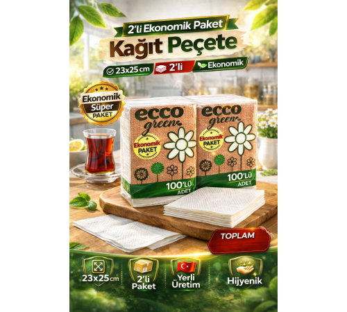 Ecco Green Kağıt Peçete 100’lü 2 Adet 23x25 cm Ekonomik Paket