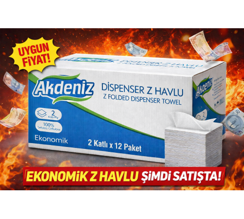 Akdeniz Dispenser Z Havlu 2 Katlı 12 Paket | %100 Selüloz | Ekonomik Z Katlı Kağıt Havlu