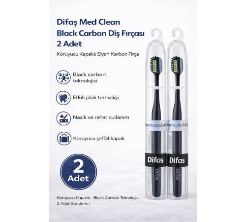 Difaş Med Clean Black Carbon Diş Fırçası 2 Adet Koruyucu Kapaklı Siyah Karbon Fırça Seti