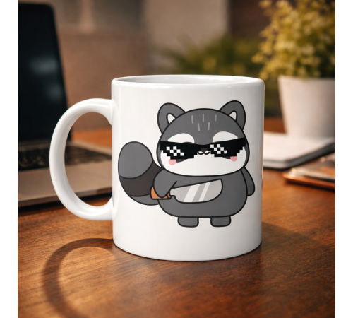 Cool Rakun Tasarımlı Porselen Kupa MODEL 82 – Eğlenceli, Karizmatik ve Dikkat Çekici Kahve Kupası