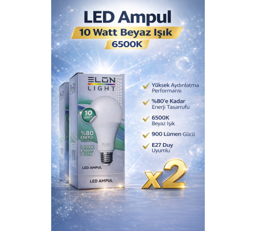 LED Ampul 10 Watt Beyaz Işık 6500K Yüksek Aydınlatma E27 Duy Enerji Tasarruflu 2 Adet