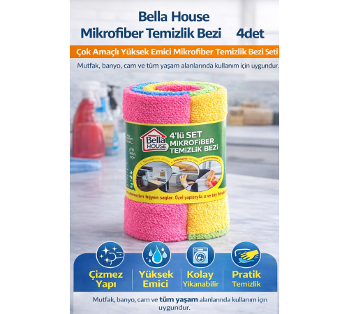 Bella House Mikrofiber Temizlik Bezi 4 Adet (4’LÜ 1 RULO)Çok Amaçlı Yüksek Emici Mikrofiber Temizlik Bezi Seti