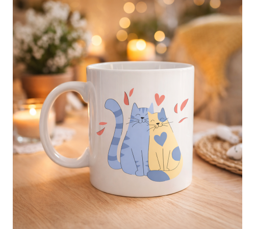 Sevimli Aşık Kediler Desenli Porselen Kupa Model 42 – Love Cats Tasarım Sevgiliye Hediye, Kahve & Çay Kupası