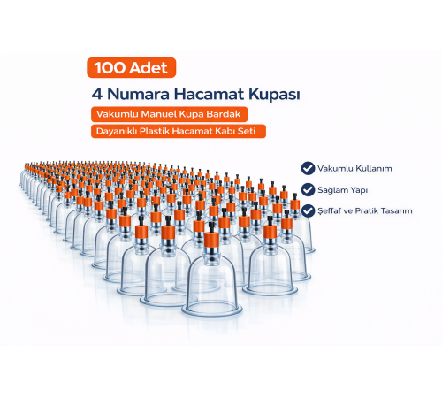 4 Numara Hacamat Kupası 100 Adet Vakumlu Manuel Kupa Bardak Dayanıklı Plastik Hacamat Kabı