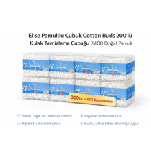 Elise Pamuklu Çubuk Cotton Buds 200’lü Kulak Temizleme Çubuğu Doğal Pamuk 12 Paket