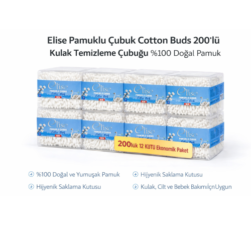 Elise Pamuklu Çubuk Cotton Buds 200’lü Kulak Temizleme Çubuğu Doğal Pamuk 12 Paket
