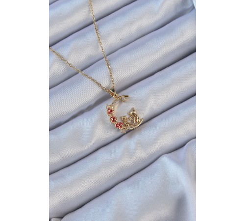 316L Çelik Zincir Altın Renk Kırmızı Gül Detay Kedi Figür Zirkon Taşlı Ay Kolye