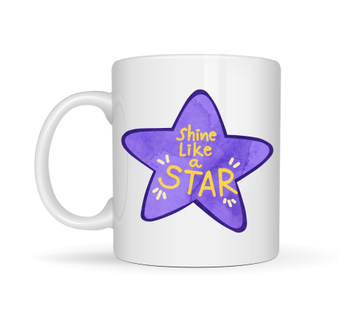 Shine Like a Star – Motivasyon Mesajlı Mor Yıldız Tasarımlı Porselen Kupa MODEL 122 , Günlük Kullanım & Hediye Kupası