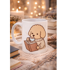 Kitap Okuyan Sevimli Köpek Tasarımlı Porselen Kupa MODEL 190 – Kahve Temalı Tatlı Köpek Kahve Kupası – Köpek Severlere Hediye Kupa