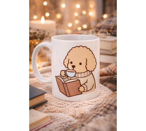 Kitap Okuyan Sevimli Köpek Tasarımlı Porselen Kupa MODEL 190 – Kahve Temalı Tatlı Köpek Kahve Kupası – Köpek Severlere Hediye Kupa