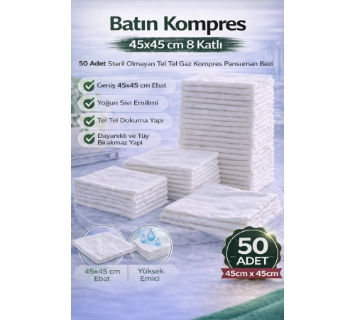 Batın Kompres 45x45 cm 8 Katlı 50 Adet Tel Tel Gaz Kompres Steril Olmayan Pansuman Bezi