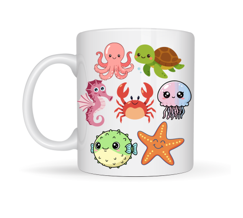 Sevimli Deniz Canlıları Desenli Porselen Kupa MODEL 118 – Ahtapot, Kaplumbağa, Yengeç ve Deniz Yıldızlı Kahve Kupası