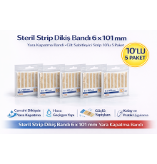 Steril Strip Dikiş Bandı 6 x 101 mm Yara Kapatma Bandı Cilt Sabitleyici Strip 10lu 5 Paket