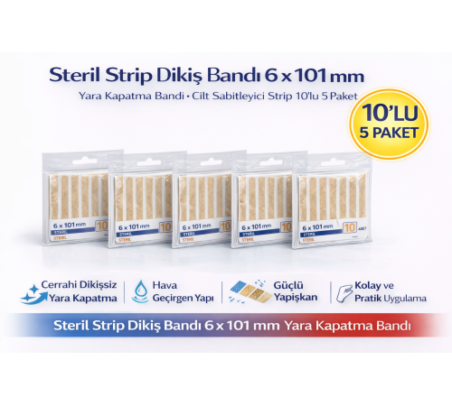 Steril Strip Dikiş Bandı 6 x 101 mm Yara Kapatma Bandı Cilt Sabitleyici Strip 10lu 5 Paket