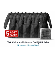 Tek Kullanımlık Hasta Önlüğü 5 Adet Nonwoven Kumaş Uzun Kollu Standart Beden Siyah
