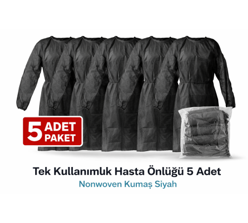 Tek Kullanımlık Hasta Önlüğü 5 Adet Nonwoven Kumaş Uzun Kollu Standart Beden Siyah
