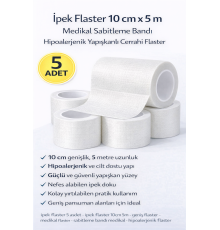 İpek Flaster 10 cm x 5 m 5 Adet Medikal Sabitleme Bandı Hipoalerjenik Yapışkanlı Cerrahi Flaster