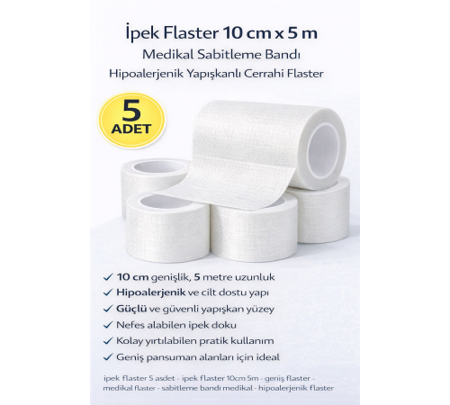 İpek Flaster 10 cm x 5 m 5 Adet Medikal Sabitleme Bandı Hipoalerjenik Yapışkanlı Cerrahi Flaster
