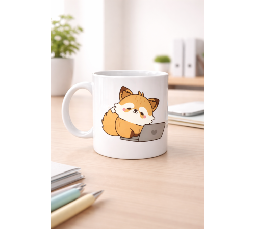 Sevimli Tilki Tasarımlı Porselen Kupa MODEL 115 – Laptoplu Tatlı Tilki Figürlü Ofis & Ev Kullanımı İçin Kahve Kupası