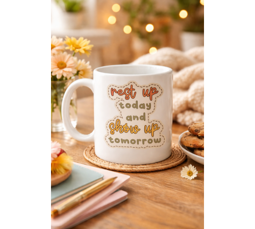 Motivasyon Mesajlı Porselen Kupa MODEL 146 – “Rest Up Today, Show Up Tomorrow” Yazılı – Kahve & Çay Kupası – Hediye Fikri