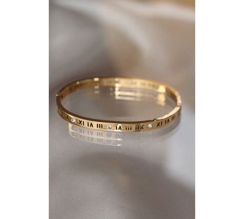 316L Çelik Roma Rakamlı Gold Renk Bilezik Kelepçe