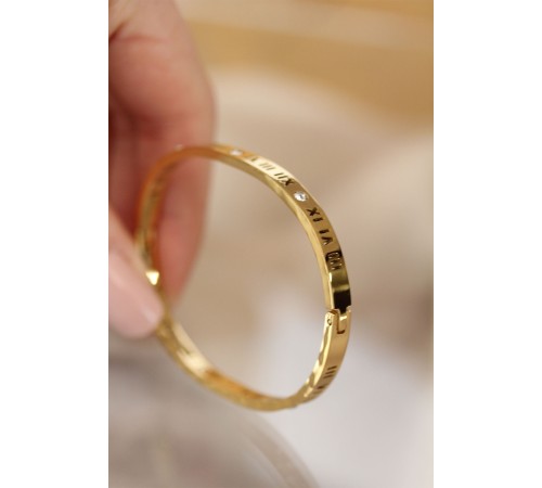 316L Çelik Roma Rakamlı Gold Renk Bilezik Kelepçe