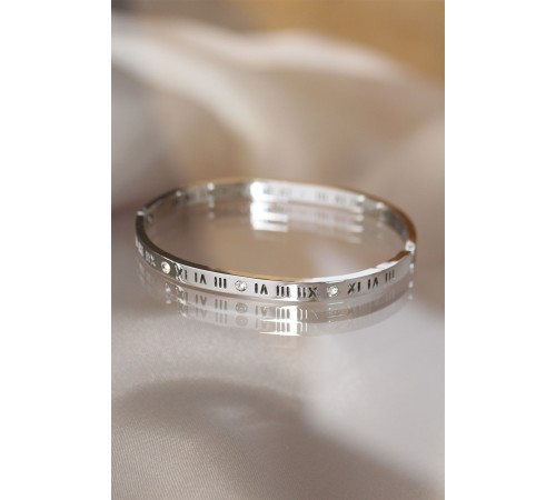 316L Çelik Roma Rakamlı Silver Renk Bilezik Kelepçe