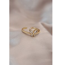 Ayarlamalı Altın Renk Metal Zirkon Taş ve Kristal Taşlı Kelebek Model Yüzük