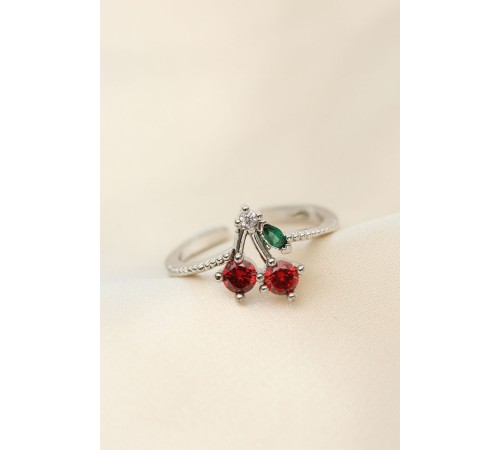 Ayarlamalı Gümüş Renk Kristal Taşlı Kiraz Yüzük