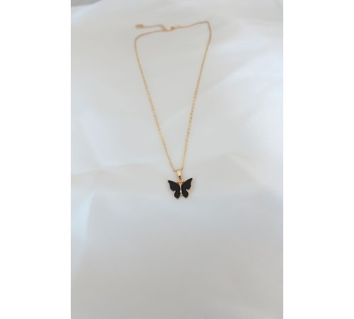 Gold Kaplama Siyah Renkli Sedefli Kelebek Kolye