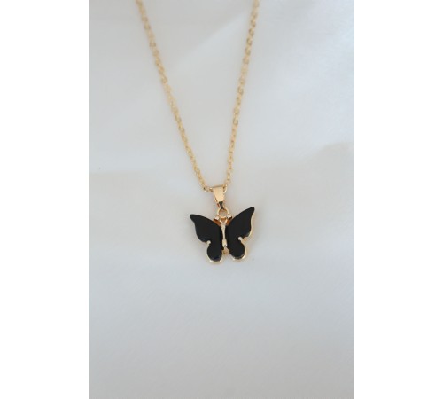 Gold Kaplama Siyah Renkli Sedefli Kelebek Kolye