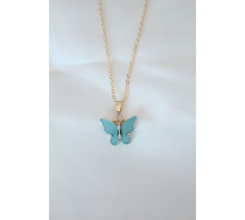 Gold Kaplama Turkuaz Renk Sedefli Kelebek Kolye