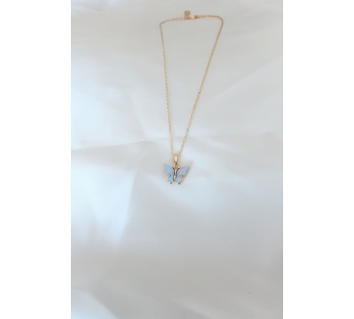 Gold Renk Kaplama Buz Mavisi Renk Sedefli Kelebek Kolye