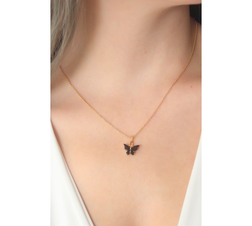 Gold Siyah Renk Kelebek Figür Kadın Kolye