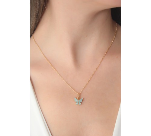 Gold Renk Su Yeşili Kelebek Figür Kadın Kolye