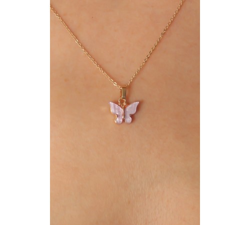 Gold Lila Renk Kelebek Figür Kadın Kolye