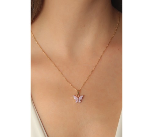 Gold Lila Renk Kelebek Figür Kadın Kolye